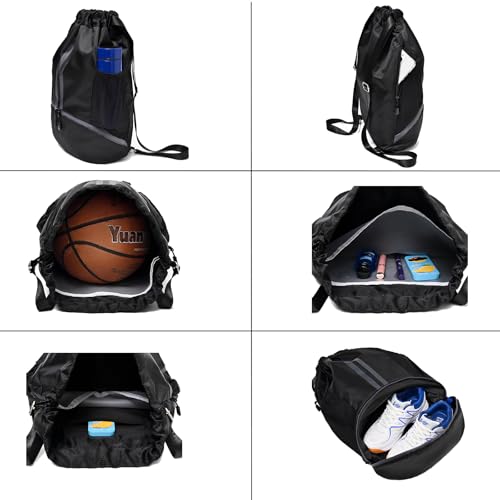 LOKAPEGY Black Drawstring Gym Bag for Men, Waterproof Drawstring Backpack for Women, Swim Bag with Shoes Compartment, Pull String Sport Bag for Soccer and Basketball. - color: Black