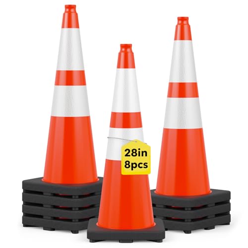 HiGiant 28 Inch Traffic Cones 8 Pack, Orange Safety Cone with Weighted Base, High-Visibility and Impact-Resistant, for Parking, Road Construction, Drivers Training, Driveway - size: 28 Inch