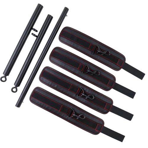 Spreader Bar Heavy Duty Stainless Steel Expandable Silver Bar Home Gym with 4pcs Furry Purple Adjustable Straps,Sports Aid Training Fitness Gear Pilates Aid Kit - style: Black+Black-Cushioned