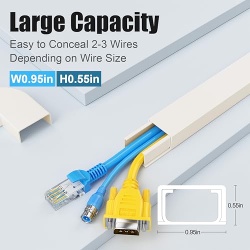 Yecaye Cord Hider, 113in Medium Cord Covers for Wires on Wall, Cord Organizer for 2-3 Wires, Easy Install Cable Management Kit, TV Cable Hider for Home Office, W0.95in H0.55in, Beige - color: Beige, size: 113in L x 0.95in W x 0.55in H