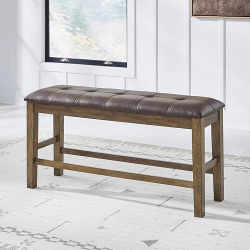 Signature Design by Ashley Vallister Backless Counter Height Dining Bench | 50-inch upholstered dining bench for kitchen islands, Light brown wood frame, Wipeable faux leather cushion - color: Light Brown, style: Counter Height Bench