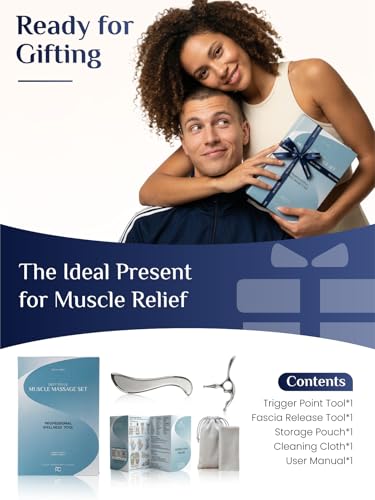Rena Chris Trigger Point Massage Tool & Muscle Scraper Tool, Stainless Steel Body Gua Sha Tool for Deep Tissue Pain Relief & Fascia Release, with Travel Pouch & Guide (2-Piece Kit)