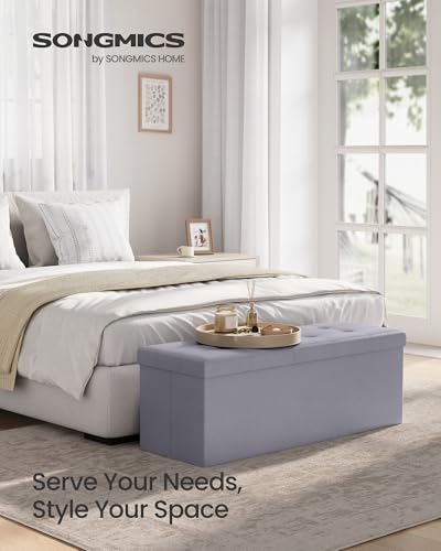 SONGMICS MAZIE Collection - 43 Inches Folding Storage Ottoman Bench, Ottoman with Storage, Foot Rest Stool, Load 660 lb, for Living Room, Synthetic Leather, Light Gray ULSF70GY - color: Light Gray, size: 15"D x 43"W x 15"H