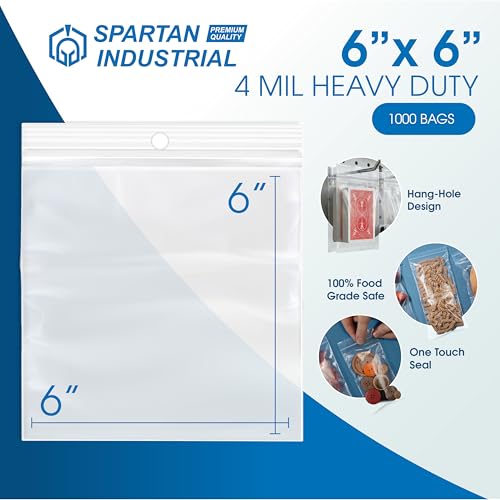 6" X 6" Heavy-Duty Square Zip Bags With Hang Hole for Displays (1000 Count) - 4 Mil Plastic Resealable Bags for Storage and Packaging - Spartan Industrial - size: 6" X 6"