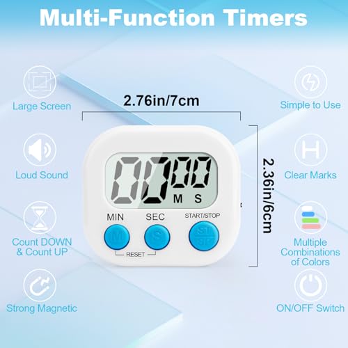6 Pack Digital Kitchen Timer Multi-Function Magnetic Timers Classroom Timer for Kids Loud Alarm Big LCD Display Electronic Count Up Countdown Timers for Cooking, Classroom, Exercise, Study, Meeting - color: White-2pcs & Blue-2pcs & Pink & Green