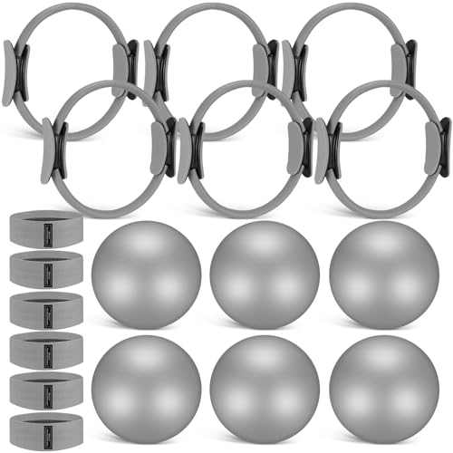 Seenelling 18 Pcs Pilates Ring and Ball Set with Resistance Bands Home Workout Pilates Equipment 11.8 Inch Magic Circle with Padded Handles, Mini Ball for Strength, Toning and Flexibility - color: Grey