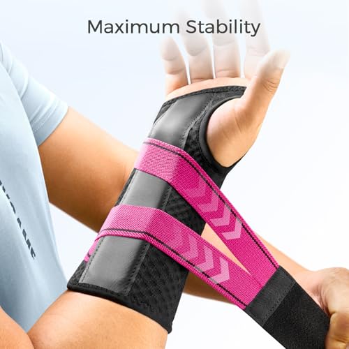 FREETOO Carpal Tunnel Wrist Brace Night Support Fit Right Hand for Work, Pain Relief Wrist Splint for Tendonitis, Sprain, Strain, Rigid Hand Brace for Arthritis for Women and Men (S/M, Black/Pink) - size: S/M, style: Right-Rosa Pink/Black