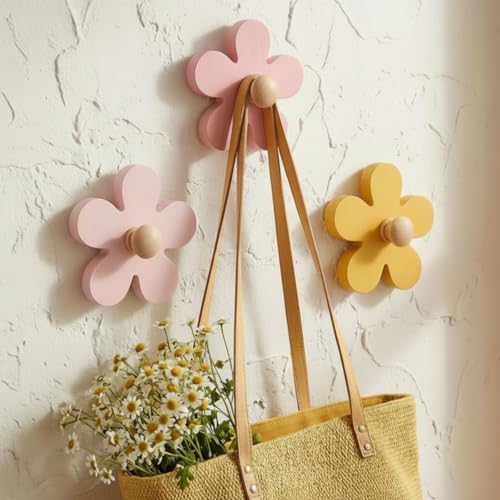 AceOrbit Pcs Daisy Wall Hooks Wood Flower Towel Hooks Cute Flower Decorative Wall Mount Hangers for Bathroom Kitchen Bedroom Home Entryway Decor (3,Yellow, Pink, Purple) - color: Yellow, Pink, Purple