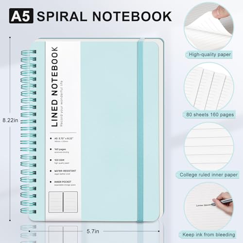 Light Green Lined Spiral Journal Notebook with 160 Pages, 8×5.7in, A5 Spiral Notebook, Journaling Notebooks for Work, School, Women, Men, College Ruled Spiral Notebook, Hardcover Leather Journals - color: Light Green, size: A5