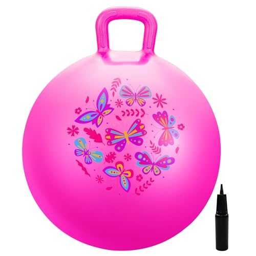Hopper Ball, Pink Butterfly Hopping Toys for Kids, 18 Inch Bouncy Ball with Handle, Indoor Outdoor Inflatable Hoppity Hop Toy for Girls Boys Gift with Free Pump - color: Pink Butterfly, size: Age:4-8(18''/45cm)