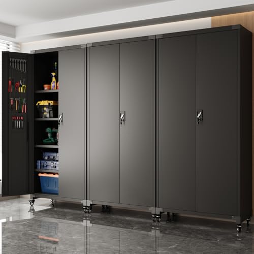 Upgraded Wide & Deep Metal Garage Storage Cabinet with Wheels & Pegboards, 4 Adjustable Shelves, Heavy Duty Lockable Metal Storage Tool Cabinet with Pegboards for Warehouse, Basement, Office, Gym