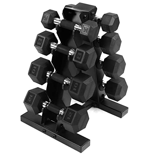 WF Athletic Supply Rubber Encased Hex Dumbbells with Rubber Grip Contoured Handle for Muscle Toning, Strength Building & Full Body Workout - color: p. 5LB, 8LB, 10LB and 12LB Pair w/ 4-Ter Rack
