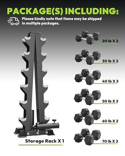 HANDBODE Rubber Coated Hex Dumbbell Set with A-Frame Rack, 100 lb - 600 lb Multiple Options Weight, Hexagon Non-Rolling Shape, Ergonomic Knurled Handle, Home Gym Equipment for Strength Training - style: 540 lb (20, 30, 40, 50, 60, 70 lb) X 2 & Rack