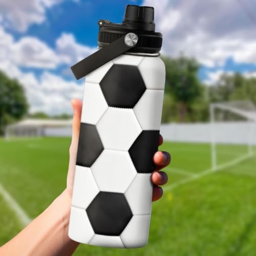 SANDJEST Soccer Water Bottle with Lid - 32oz Insulated Stainless Steel Sport Bottles - Men Soccer Player Fan Coach - color: Soccer 1