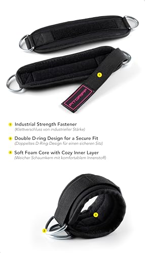 Fitgriff® Ankle Straps V3 for Cable Machine (2 Pieces) - Gym Workout Equipment - Leg Pulley Attachment, Kickback Straps - color: Black/Pink