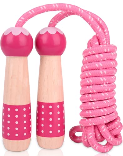 EGOSKY Jump Rope Kids, 7.2ft Children Adjustable Cotton Skipping Rope with Wooden Handle for Boys Girls Fitness Outdoor Activity - color: Pink