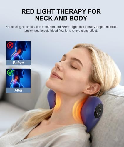 Neck Massager with Heat, Red Light & Vibration Adjustable, Heated Neck Stretcher with 3 Modes, Rechargeable Cervical Traction Device for Pain Relief & Muscle Relaxation, Gift for Women Men - color: Navy Blue