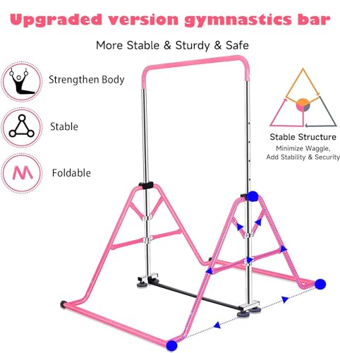 Gymnastics Horizontal Bar, Junior Training Kip Bar Gymnastics Equipment for Home, Adjustable Telescopic Height Folding Horizontal Bar with Gymnastic Rings for 3-12 Years Old Kids - color: Pink