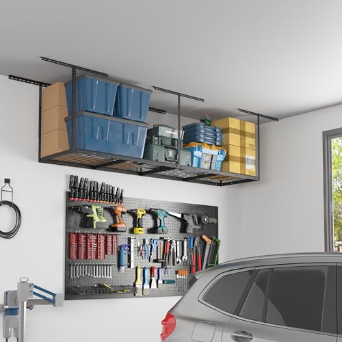 FLEXIMOUNTS 2x8 Garage Storage Rack, Adjustable Overhead Storage Organization System, Heavy Duty Metal Ceiling Rack, 400lbs Weight Capacity, Black, Classic Series - color: Black, size: 2x8 ft