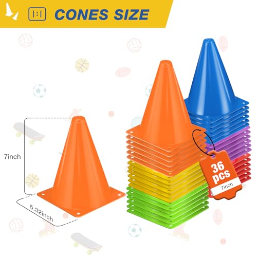 36pcs Cones 7 Inch Soccer Cones and Plastic Traffic Cones, Durable Cones for Sports Training, Ideal for Soccer, Basketball, Football, Skating, and Agility Drills Practice - color: colors