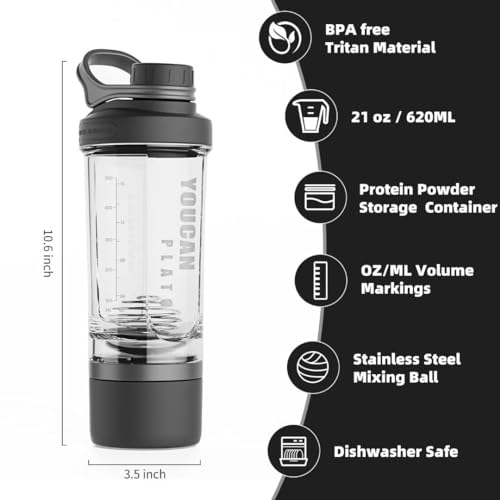 21oz Protein Shaker Bottle with Powder Storage Container-Shaker Cups for Protein Shakes-pre workout bottle-Mixer Cup-Gym Sport Water Bottle -Made with Tritan BPA Free,with Wire Whisk Balls (Black) - color: Black