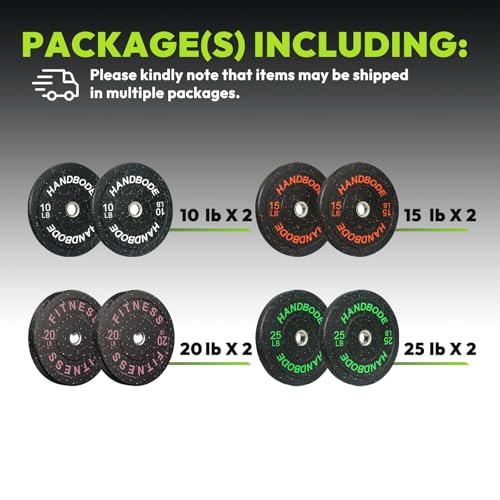 HANDBODE 2-Inch Weight Plates High Bounce, Olympic Bumper Plate Set 45/100/160/190/260/300lb, Colored Weight Plates Set for Home Gym, Barbell Weights Rubber Strength Training Plate for Weight Lifting - size: 140 lb Set (Pair of 10, 15, 20, 25 lb), style: