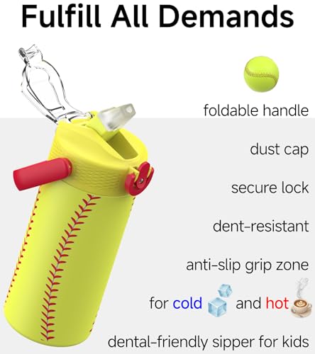 MYFOREST 14oz/400ml Insulated Kids Water Bottle, Odor-free Liner, 3D Touch | No Plastic Taste, Surgical Steel - No Chemical Leaching, Name Spot, Soft Sipper, Gift for Sports Fan, Softball - color: Softball