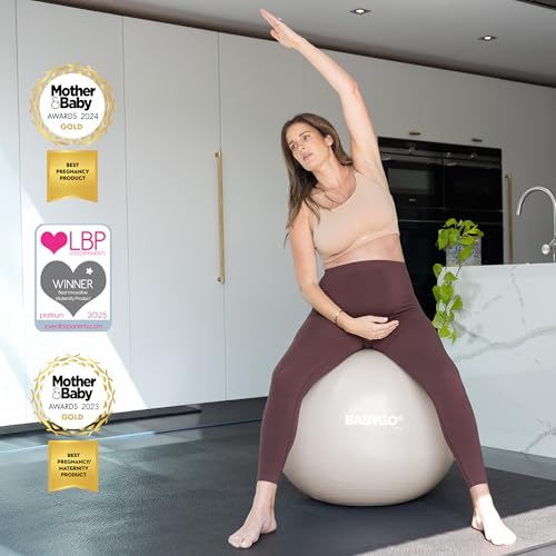BABYGO Birthing Ball - Pregnancy Yoga Labor & Exercise Ball & Book Set Trimester Targeting, Maternity Physio, Birth & Recovery Plan Included Anti Burst Eco Friendly - color: Oatmeal, size: 65cm - Electric