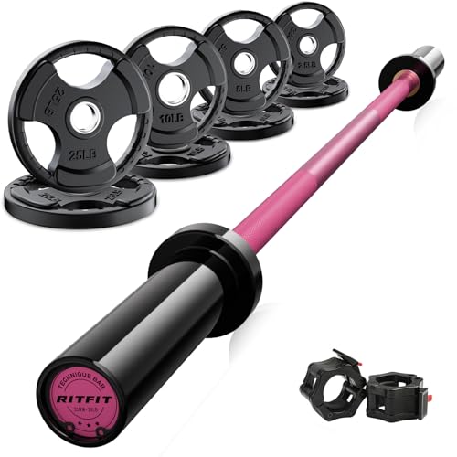RitFit Barbell Weight Set - 4/6FT Olympic Barbell with Weight Plates (55-115LB Total) - Weightlifting Equipment for Squats, Curls, Deadlifts, Presses, Hip Thrusts - color: Black/Pink, size: 4FT With 85LB Plates