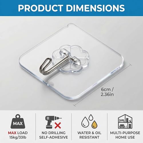 Wall Hooks - 33 lbs Max, Transparent, Seamless, Waterproof & Oilproof, Heavy Duty Adhesive Coat & Towel Hooks (10 Pack)