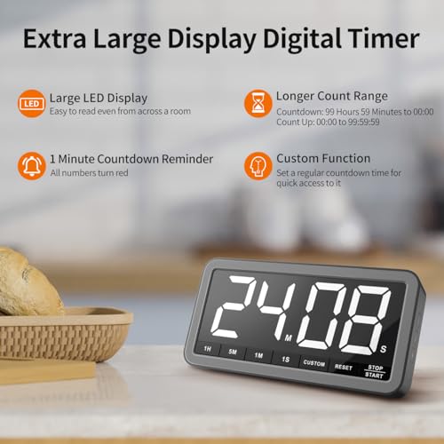 VOCOO Digital Kitchen Timer with 7.8” Extra Large Display, Magnetic LED with 3 Brightness, 4 Alarms and 3 Volume Levels, Battery Powered Countdown Count Up Timer for Cooking, Classroom, Home Gym - color: Space Grey