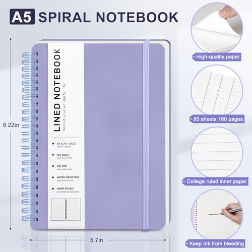 ABERLLS Lined Spiral Journal Notebook with 160 Pages, 8×5.7in, A5 Spiral Notebook, Journaling Notebooks for Work, School, Women, Men, College Ruled Spiral Notebook, Hardcover Leather Journals, Purple - color: Purple, size: A5