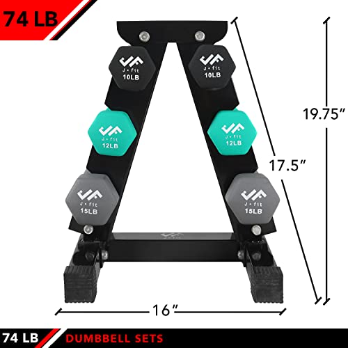 JFIT Dumbbell Pairs or Sets – Neoprene & Vinyl Coated Hand Weights for Home Gym, Strength Training, Aerobics, Cardio Exercise and Fitness - size: 74 lbs (Set), style: Dumbbell Set with Rack