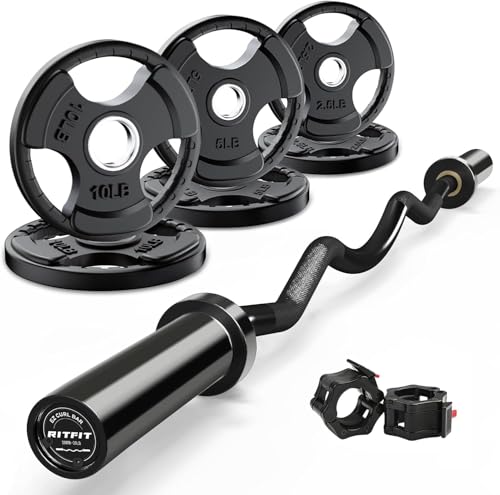 RitFit 2 Inch EZ Curl Bar with Weights, 350LBS Weight Capacity Olympic Curl Barbell for Bicep, Tricep and Weight Lifting Exercises - style: Black(with 35LB Weights and Collar)