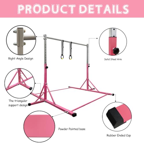 Gymnastics Bar for Kids Girls Ages 3-15 with Ring for Home Indoor Training Equipment- Steady Steel Construction, Anti-Slip, Easy to Assemble, 3' to 5' Adjustable Height - color: PINK, size: 4.8FT, style: FOLDABLE BAR WITH RING