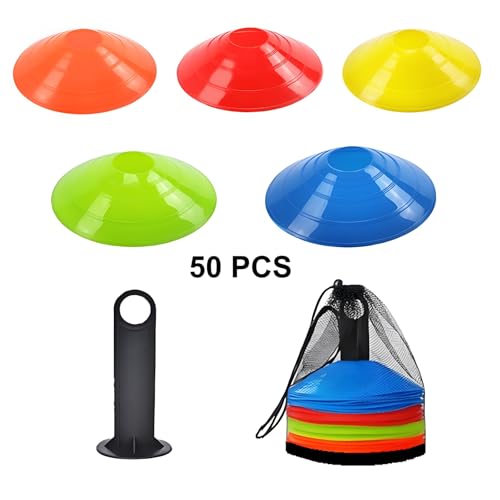 ANSLYQA Soccer Cones (Set of 50), Agility Training Disc Cone with Carry Bag and Holder for Drilling Football Basketball Sports Field Markers, - color: 5 Colors