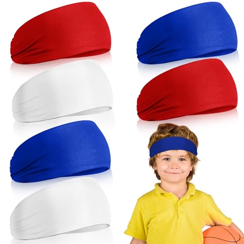 Deekin 6 Pcs Sweatbands for Kids Soccer Headbands Boys for Sports Breathable Sweat Wicking Headband for Kids Athletic Baseball Football Youth 5-15 Years Old - color: Red, White, Blue