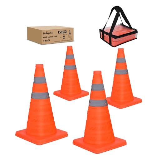 Nilight 18 Inch Collapsible Traffic Safety Cones 4 Pack - Bright Orange Parking Cones with Reflective Collars for Roadside Emergency, Parking, Driving Practice - size: 18 Inch