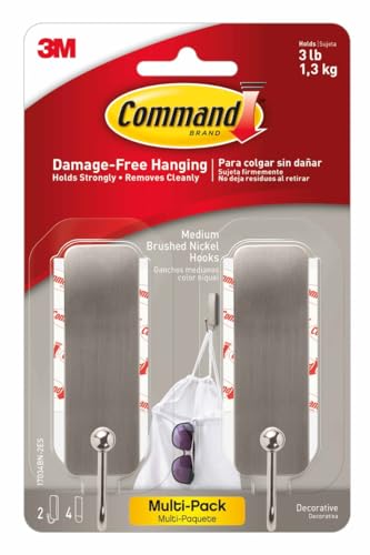 Command Medium Brushed Nickel Wall Hook, 2 Coat Hooks and 4 Strips, Damage-Free Hanging with Adhesive, No Tools Great for Hanging Back to School Dorm Organizers, Holds up to 3 lb - color: Brushed Nickel