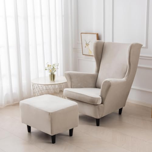 NILUOH Thick Velvet Wingback Chair Slipcovers 2-Piece, Stretch Wing Chair Covers Soft Sofa Slipcover Wing Back Armchair Cover Furniture Protector for Living Room - color: Oatmeal Color