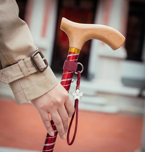 Asterom Canes for Women - Foldable, Adjustable, Collapsible - Fashionable Walking Cane for Women, Wooden Handle - color: Red