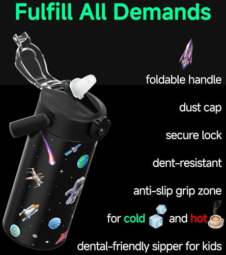 MYFOREST 14oz/400ml Insulated Kids Water Bottle, Odor-free Liner, 3D Touch | No Plastic Taste, Surgical Steel - No Chemical Leaching, Name Spot, Soft Sipper, Gift for Astrophile, Black. Space - color: Black. Space