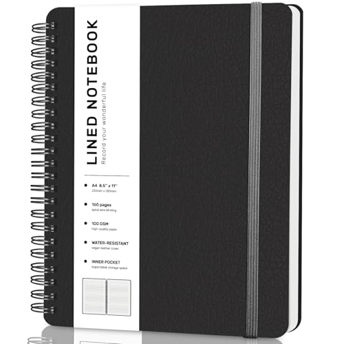 ABERLLS Lined Spiral Journal Notebook with 160 Pages, 8.5×11in, A4 Spiral Notebook, Journaling Notebooks for Work, School, Women, Men, College Ruled Spiral Notebook, Hardcover Leather Journals, Black - color: Black, size: A4