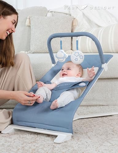 Baby Delight Alpine Deluxe Portable Baby Bouncer | Infant | 0-6 Months | 100% GOTS Certified Organic Cotton Fabric | Organic Dusty Blue - color: Organic Dusty Blue
