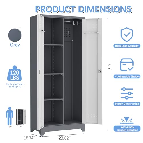IRONFFICE Metal Garage Storage Cabinets,Broom Closet Storage Cabinet with Doors and Shelves,Tall Utility Closet Cabinet with Pegboard,Laundry Cabinet for Garage,Warehouse,Home,Basement,Grey-White - size: 15.74"D x 23.62"W x 65"H-Grey/white