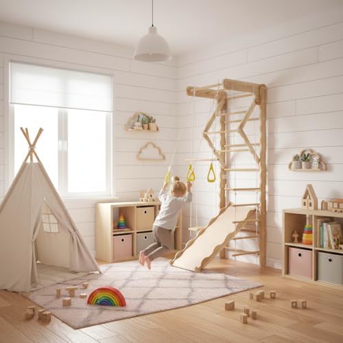 Indoor Wooden Climbing Wall Set, Natural Pine Material, 78.7x23.6 Inch Wall-Mounted Kids Gym with Slide, Rings and Rope Ladder, Weight Capacity 100 Pounds