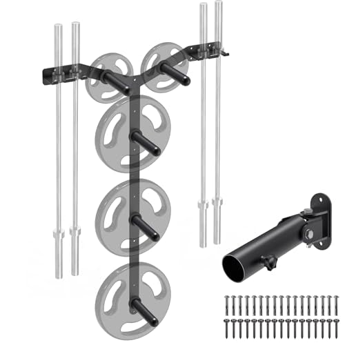 Wall Mounted Weight Plate Rack, Heavy Duty Olympic Barbell Holder & T Bar Row Landmine Attachment, 5 Pegs & 4 Barbell Storage, Space-Saving Home Gym Organizer - color: B. Mounted Weight Plate Rack