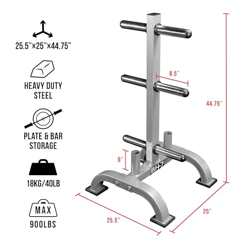 Valor Fitness Weight Plate Rack with Barbell Holders – Heavy-Duty Steel Storage Tree with 6 Pegs and 2 Vertical Bar Sleeves for Standard and Olympic Plates – 800 lb Capacity for Home & Garage Gyms - color: C: BH-7 Olympic Plate Storage Rack
