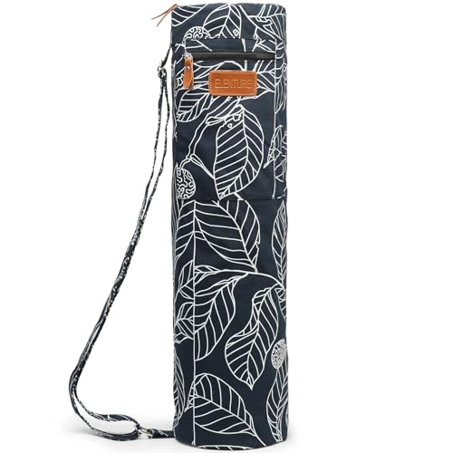 Yoga Mat Bag for Women & Men, Full-Zip Canvas Pilates Bag with Pockets | Lightweight Yoga Mat Carrier with Adjustable Shoulder Strap, Fits 1/4 & 1/3 Inch Thick Mats, for Studio Gym Travel Workout - color: Navy Blue Leaf
