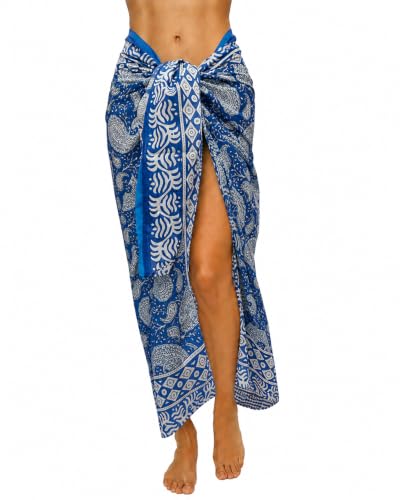 100% Cotton Hand Block Print Pareo Sarong Swimsuit Wrap Skirt Cover Up Long Women’s Apparel Fabric Beach Bikni (73" x 44") - color: Blue 1